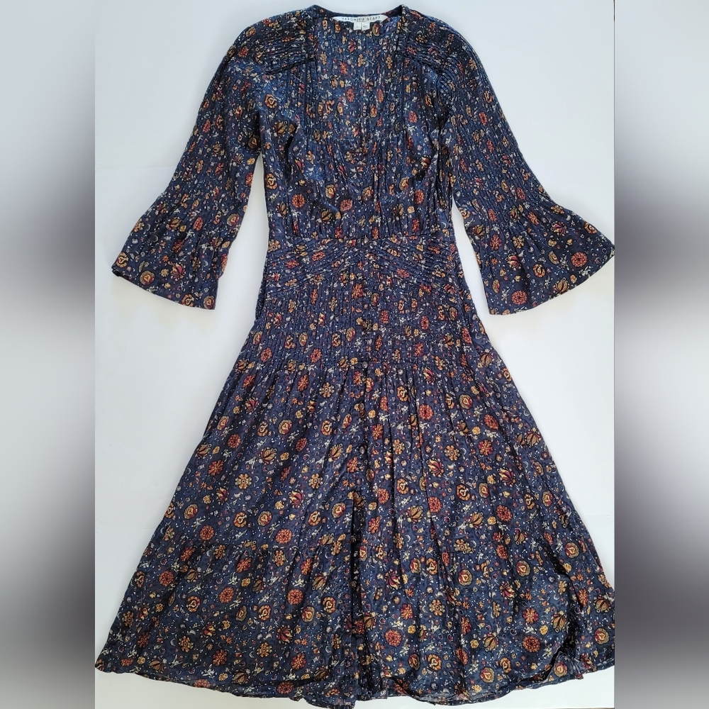 Veronica Beard Shireen Floral Print Midi Fall Autumn Dress Pintuck Lace Size 2 - Picture 4 of 15